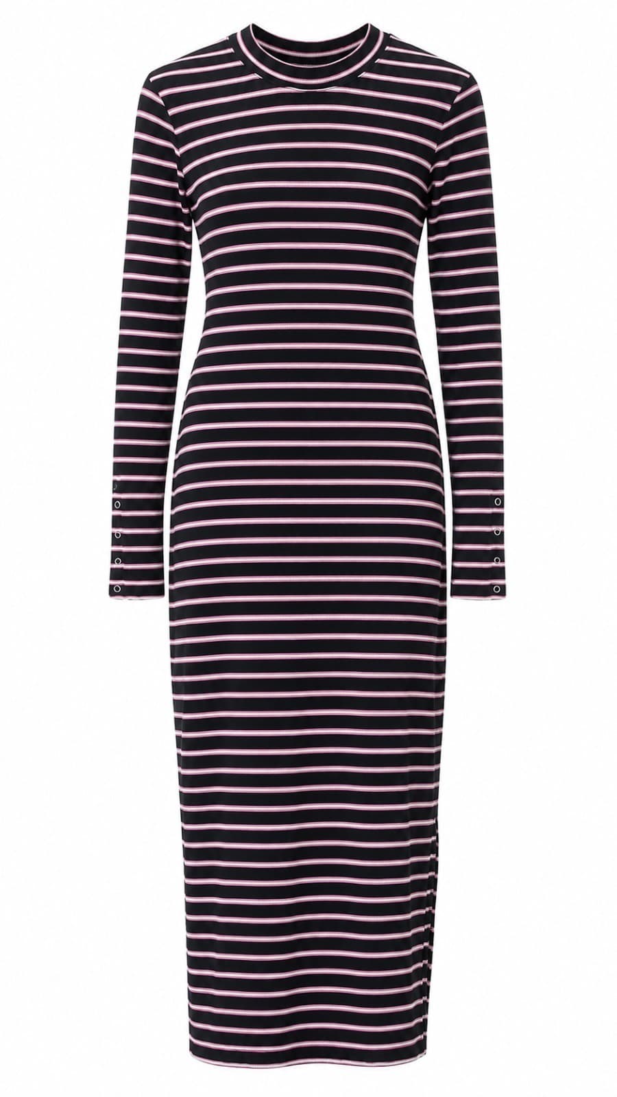 Decjuba Knit Midi Dress L Black Pink Stripe Rib Long Sleeve Stretch Casual — photo 2 of 11