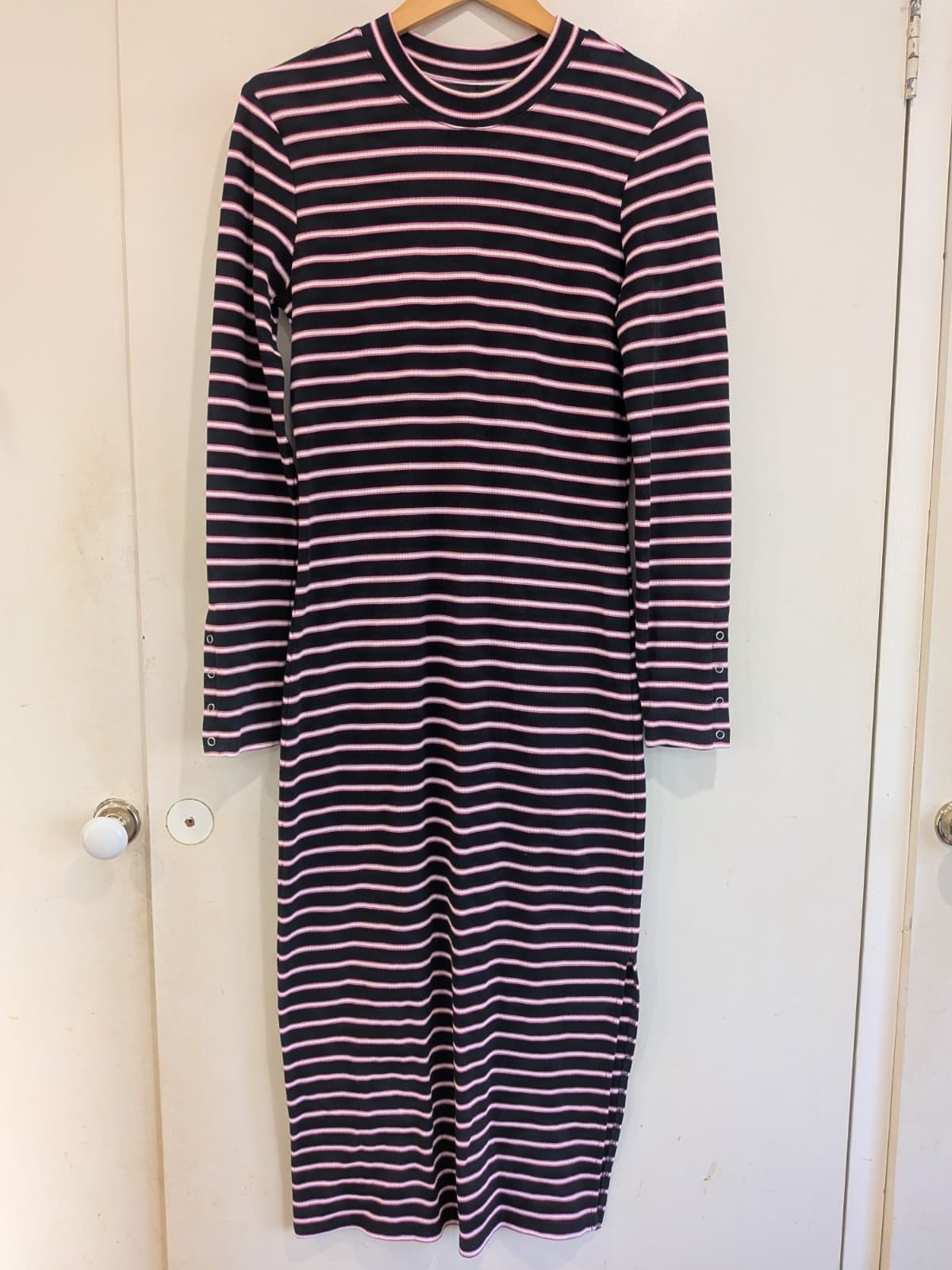 Decjuba Knit Midi Dress L Black Pink Stripe Rib Long Sleeve Stretch Casual — photo 3 of 11