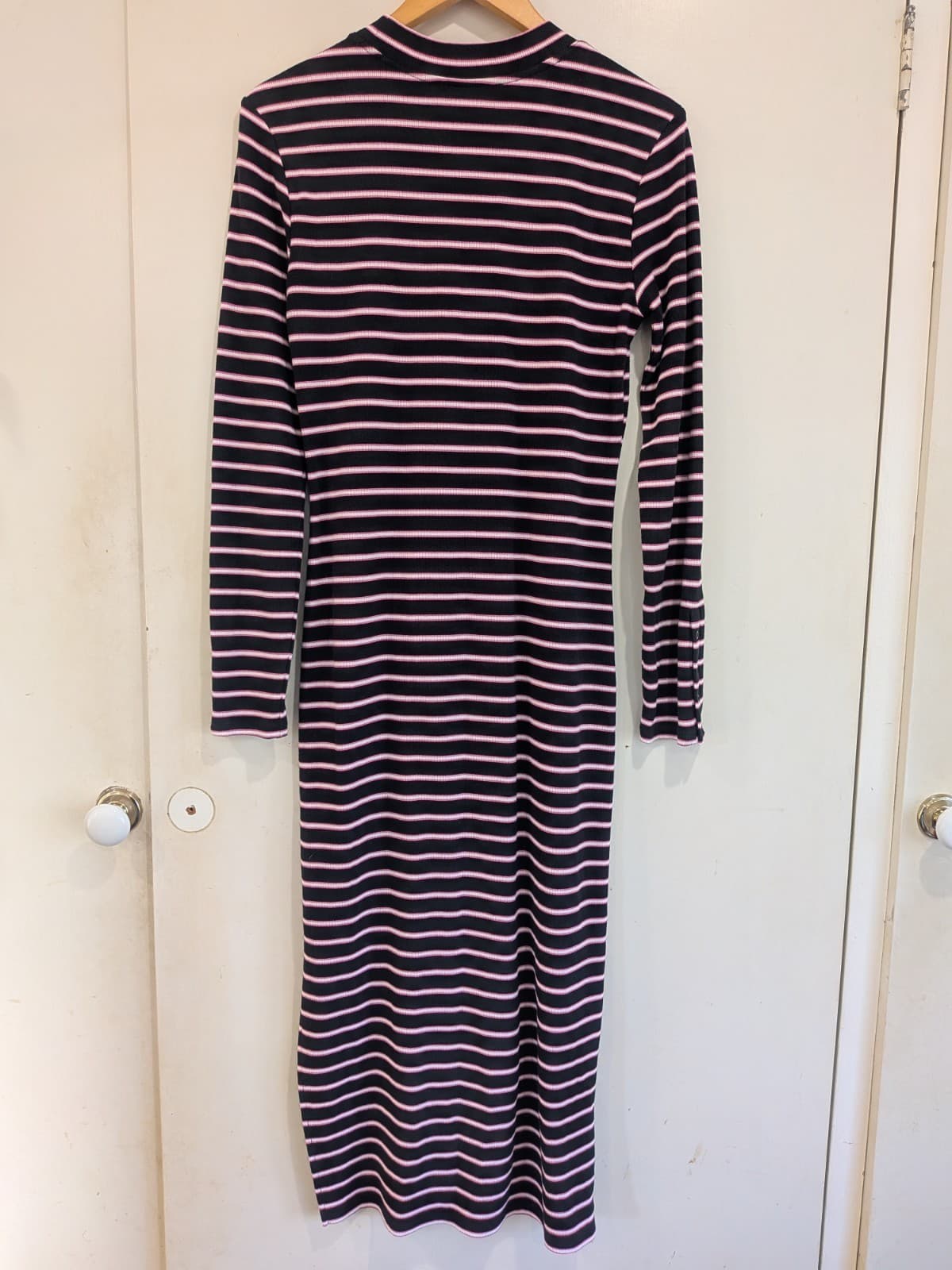 Decjuba Knit Midi Dress L Black Pink Stripe Rib Long Sleeve Stretch Casual — photo 10 of 11