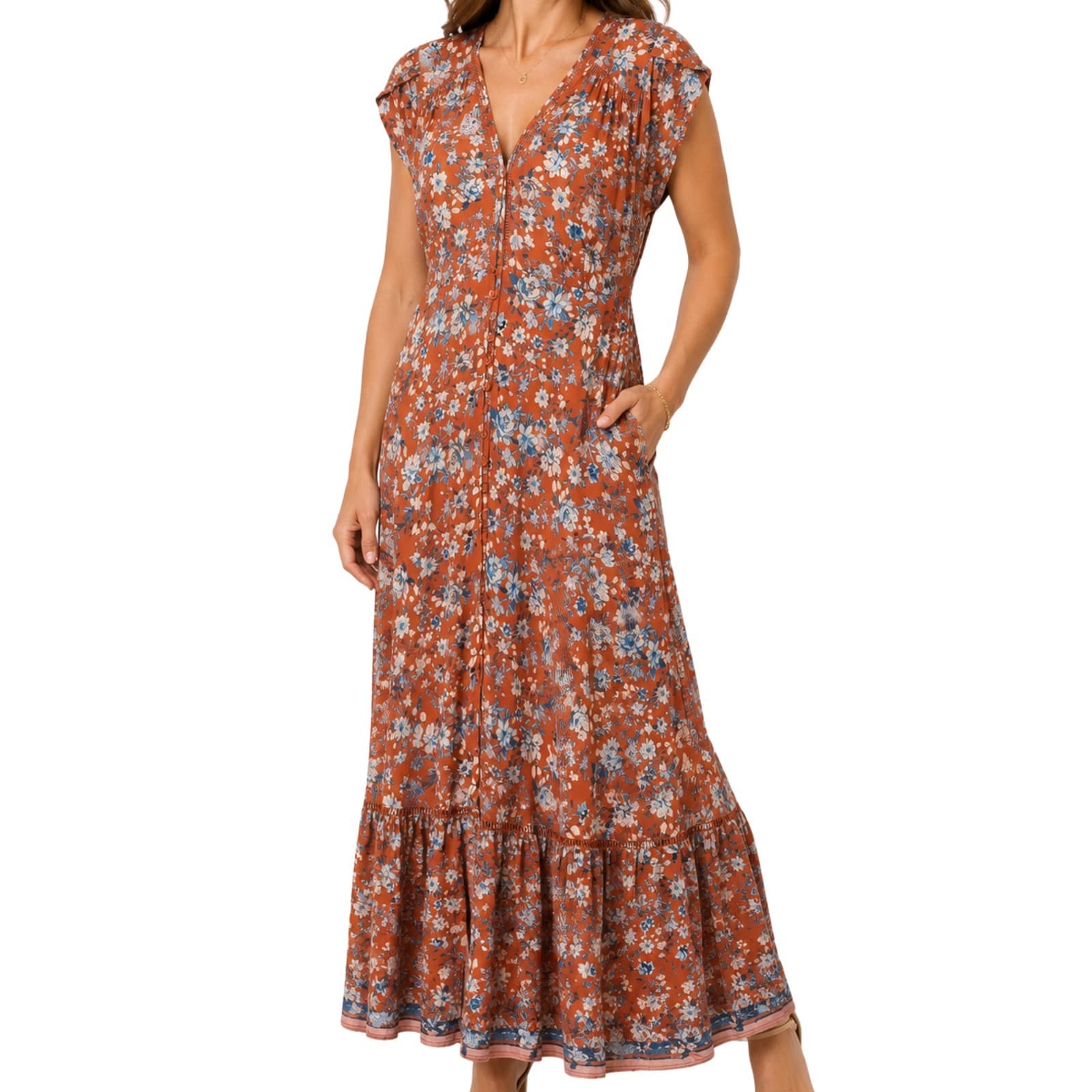 JAASE Maxi Dress L Rust Orange Blue Floral Boho Button Front Festival — photo 1 of 10