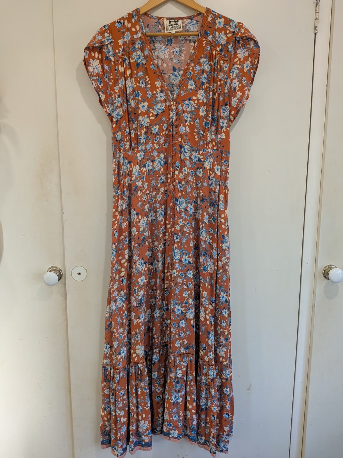 JAASE Maxi Dress L Rust Orange Blue Floral Boho Button Front Festival — photo 2 of 10