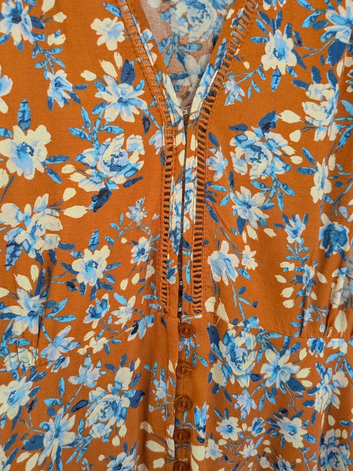 JAASE Maxi Dress L Rust Orange Blue Floral Boho Button Front Festival — photo 6 of 10