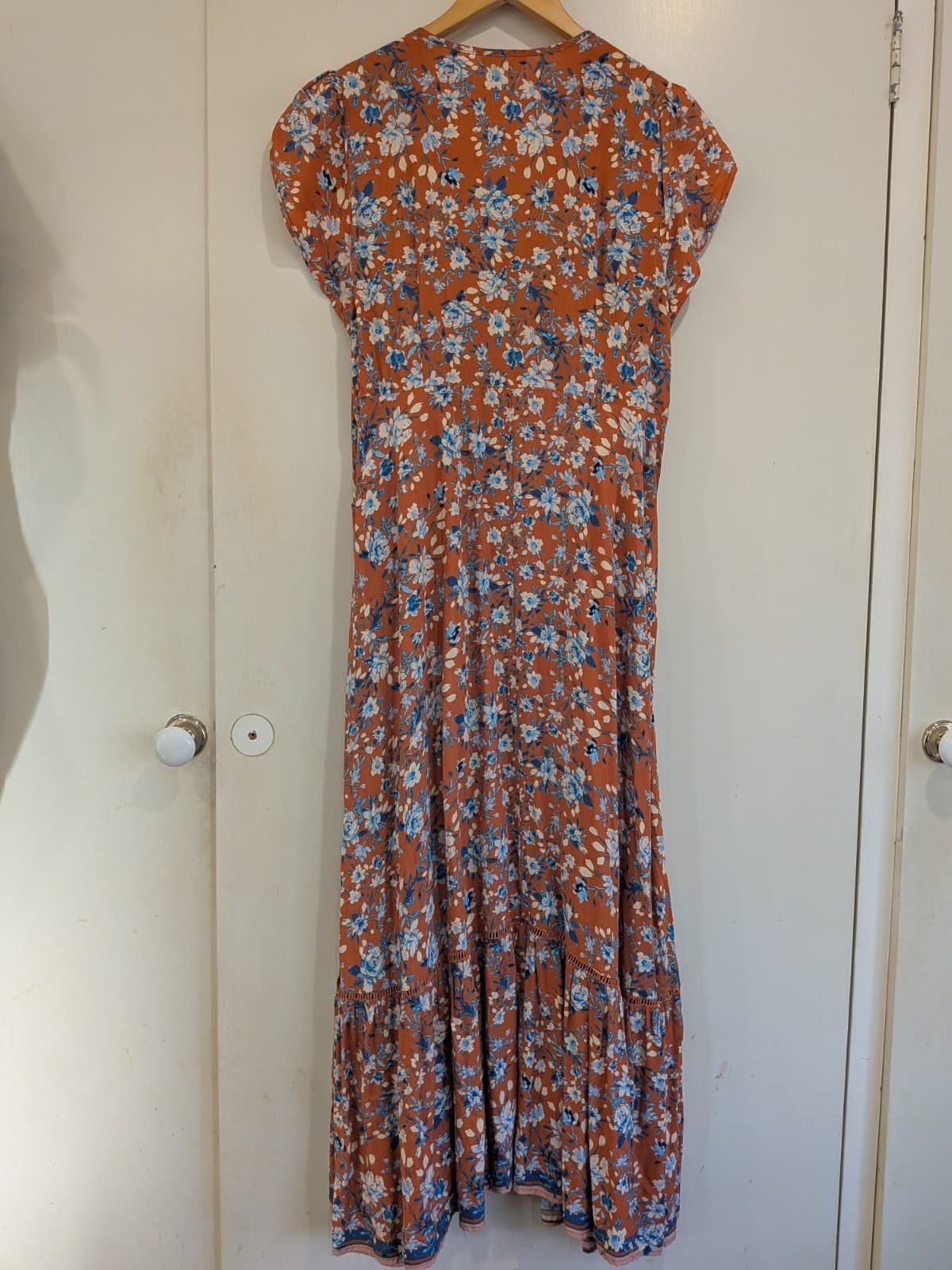 JAASE Maxi Dress L Rust Orange Blue Floral Boho Button Front Festival — photo 10 of 10