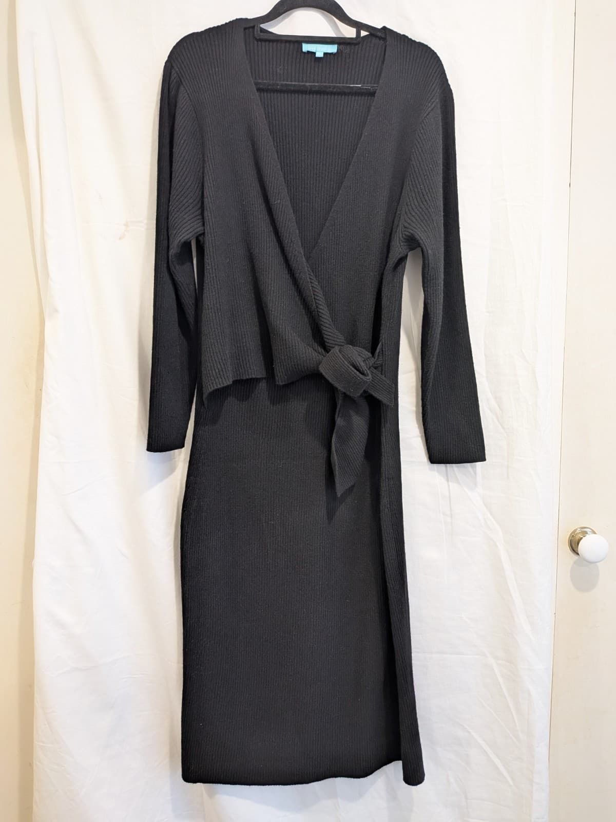 Blue Illusion Wrap Knit Dress 2XL Black Wool Cashmere Blend Midi Long Sleeve — photo 3 of 10