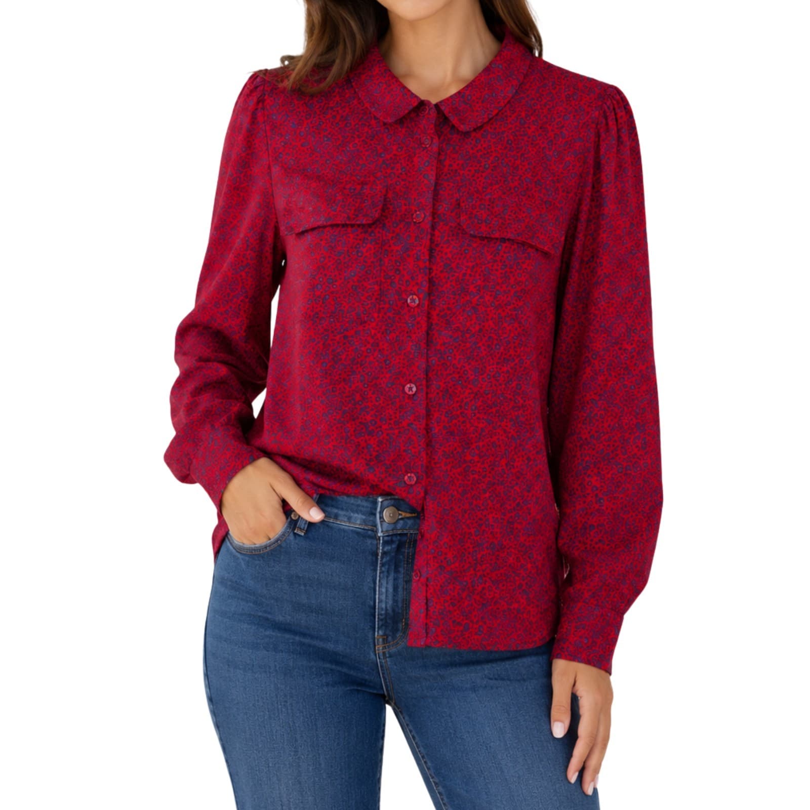 Review Blouse Size 12 Red Blue Floral Button Shirt Lyocell Long Sleeve Work — photo 1 of 12