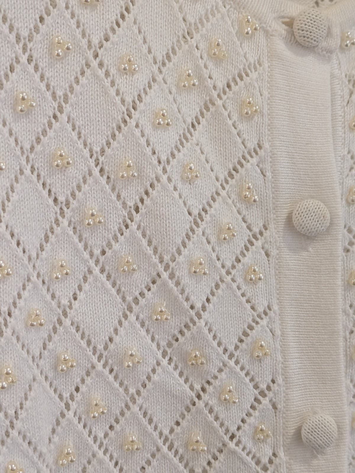 Review White Pointelle Knit Cardigan Pearl Detail 3/4 Sleeve Womens AU 8 Cotton — photo 4 of 9