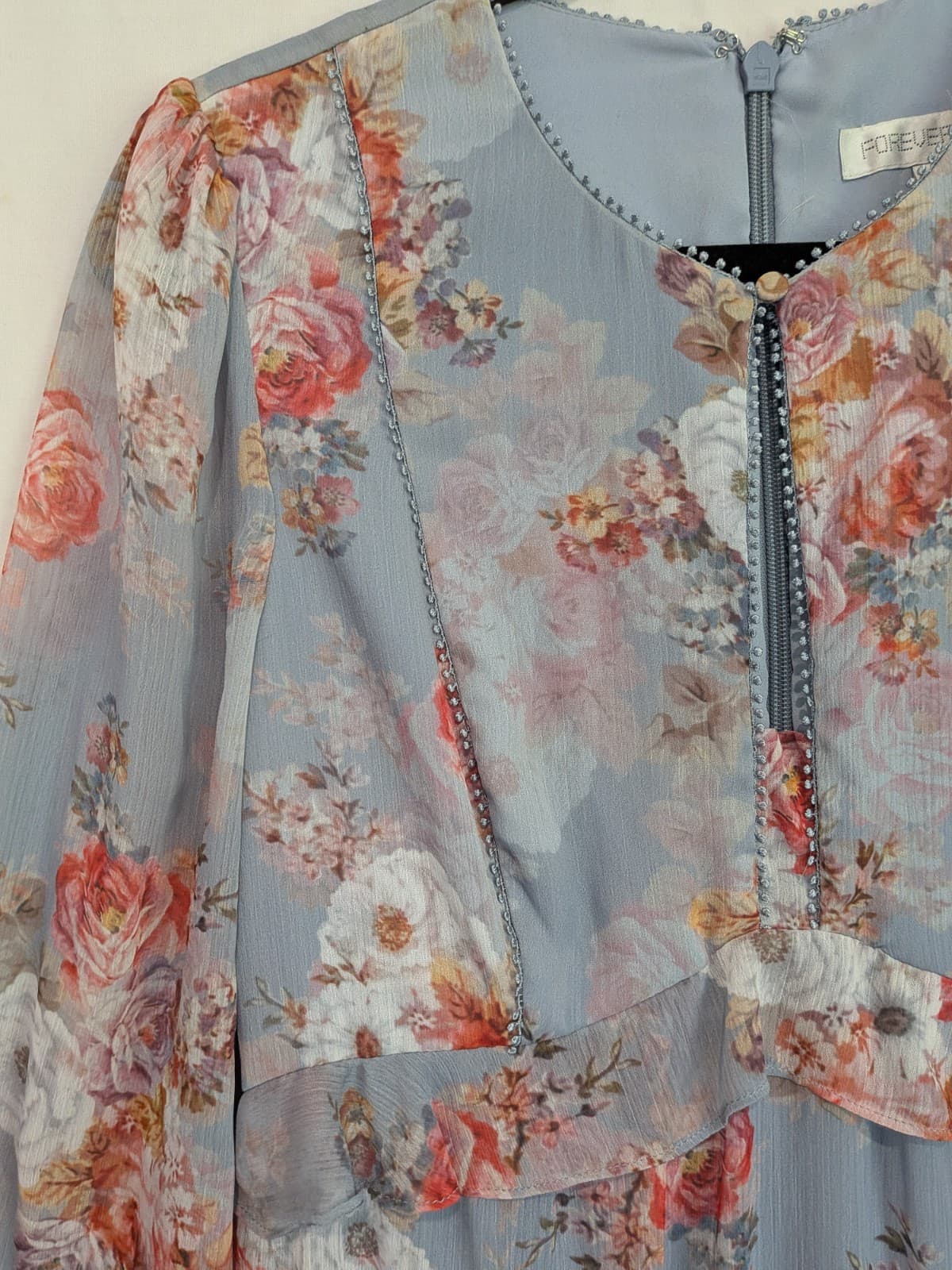 Forever New Dress Floral Ruffle Midi Blue Pink Long Sleeve Chiffon Size Aus 10 — photo 5 of 11