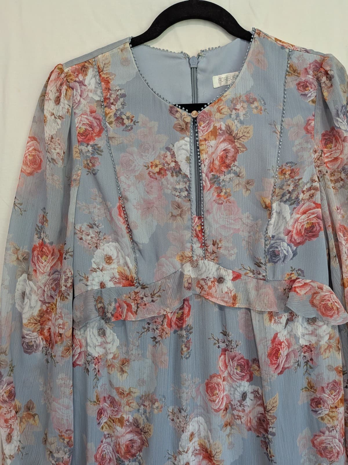 Forever New Dress Floral Ruffle Midi Blue Pink Long Sleeve Chiffon Size Aus 10 — photo 6 of 11