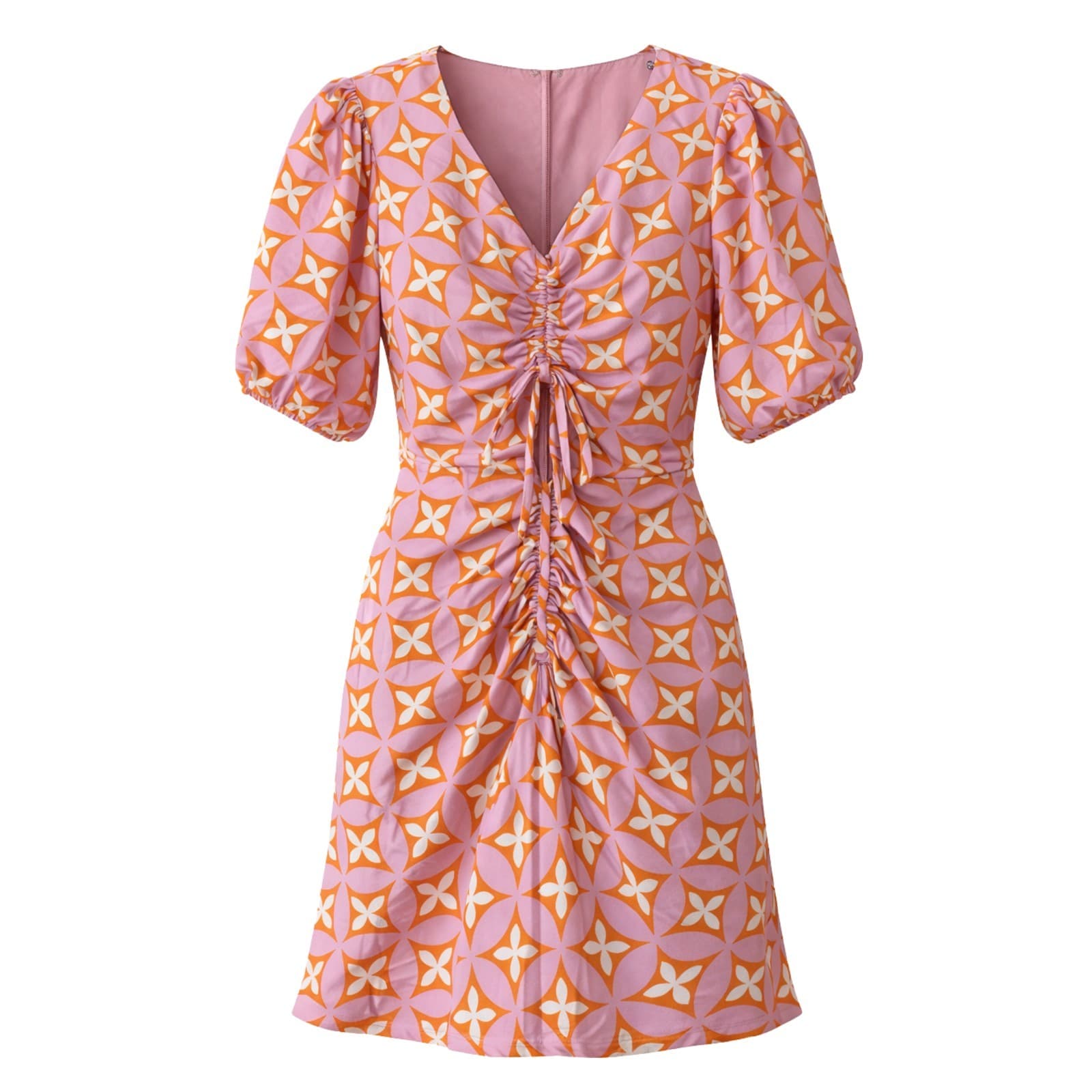 Calli Mini Dress Pink Orange Geo Print Ruched Puff Sleeve Resort NWT Size 14 — photo 1 of 14