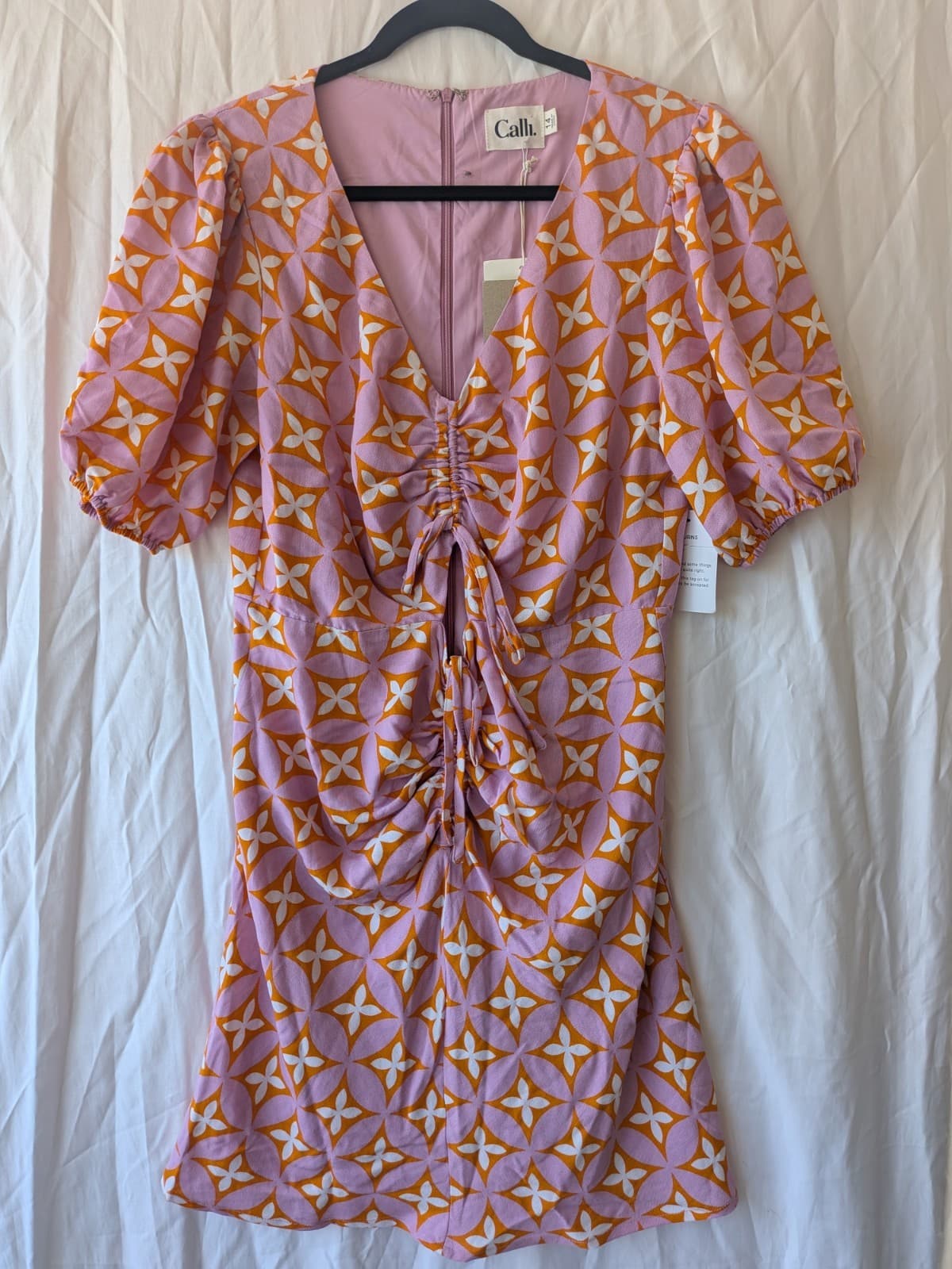Calli Mini Dress Pink Orange Geo Print Ruched Puff Sleeve Resort NWT Size 14 — photo 2 of 14