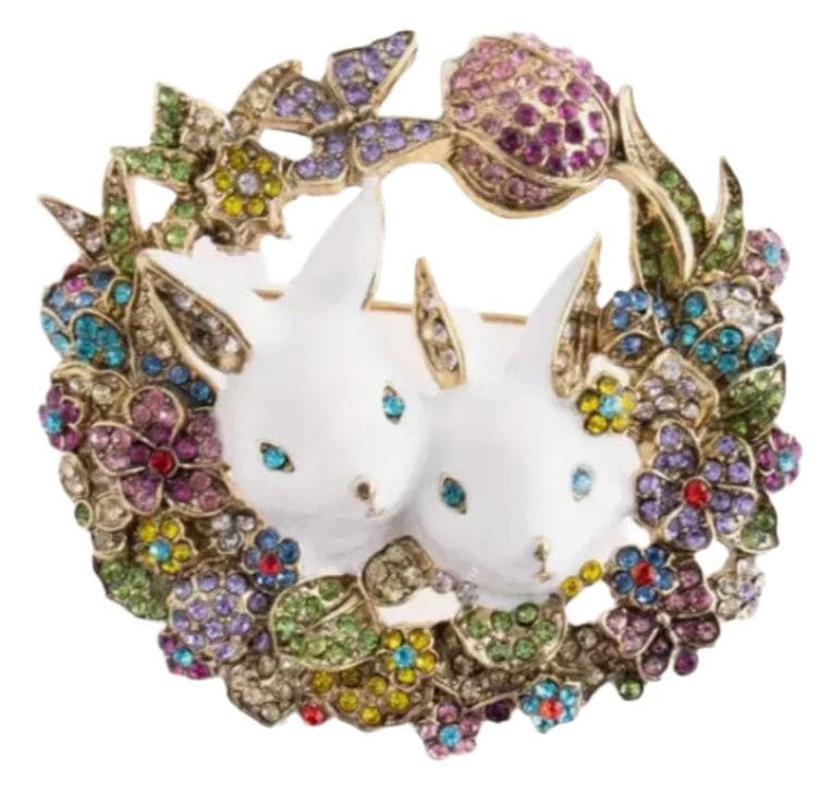 Bunnies in Floral Wreath Sparkle Brooch — photo 1 of 5