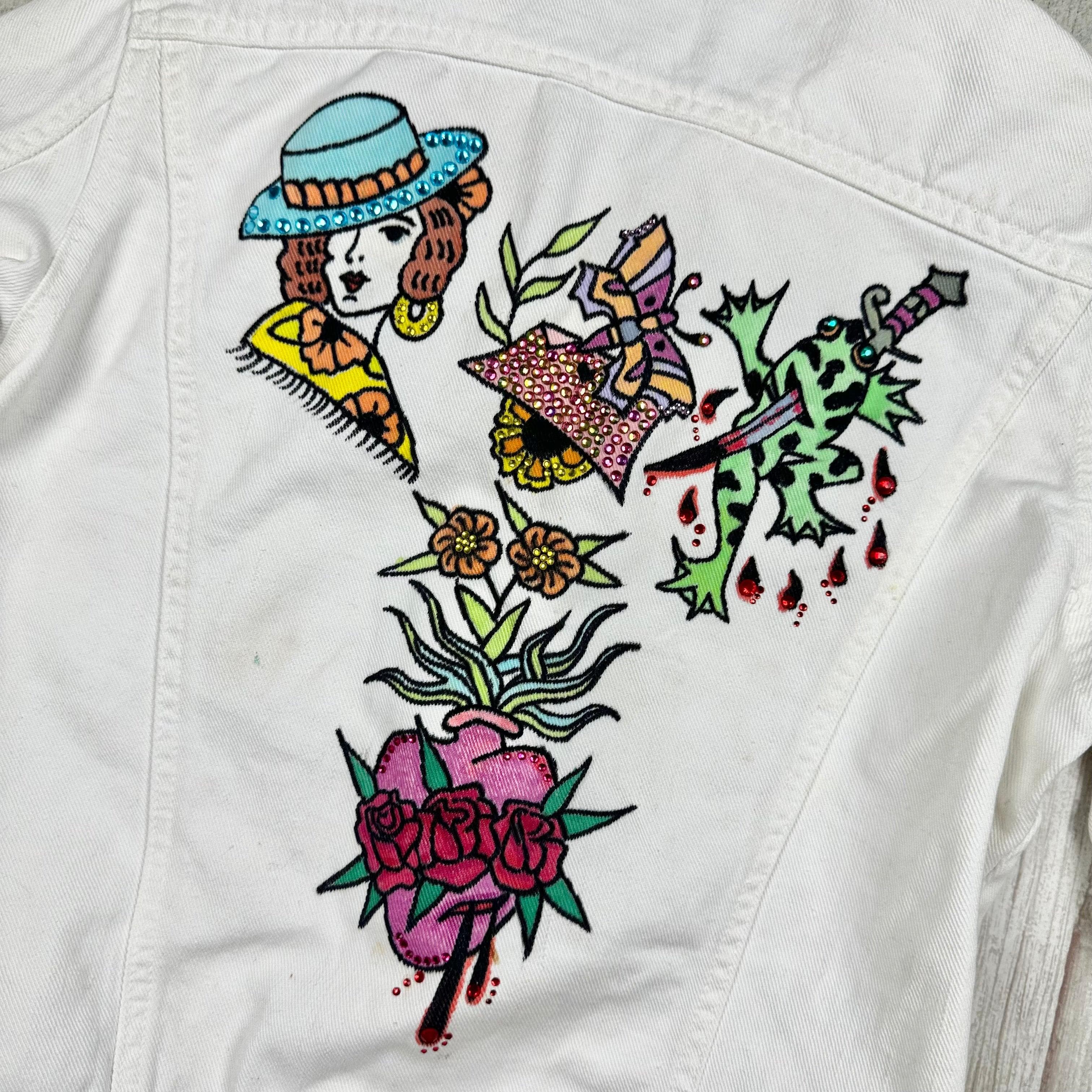 AMCO Vintage 1970's White Tattoo Print Denim Jacket - Size XS — photo 7 of 8