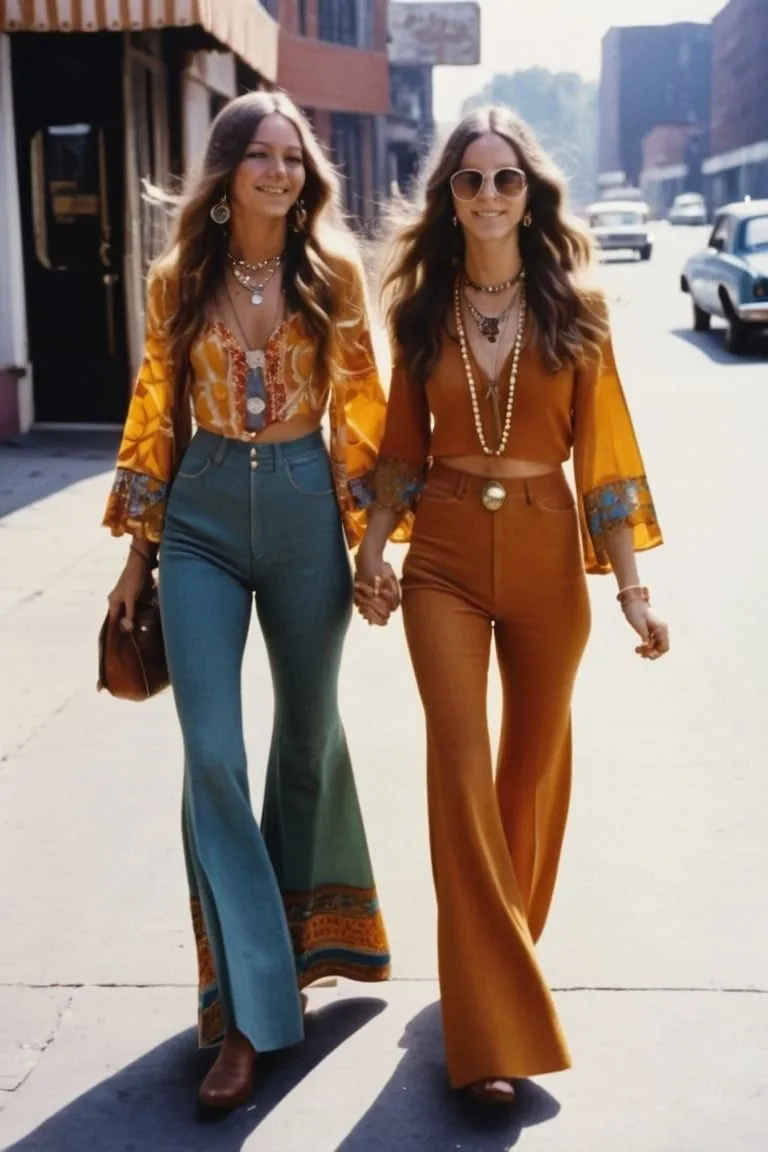 70s Boho aesthetic — High-waisted flared jeans and peasant blouses with bell sleeves are signature 70s Boho garments, and the warm, earth-toned palette is spot on.