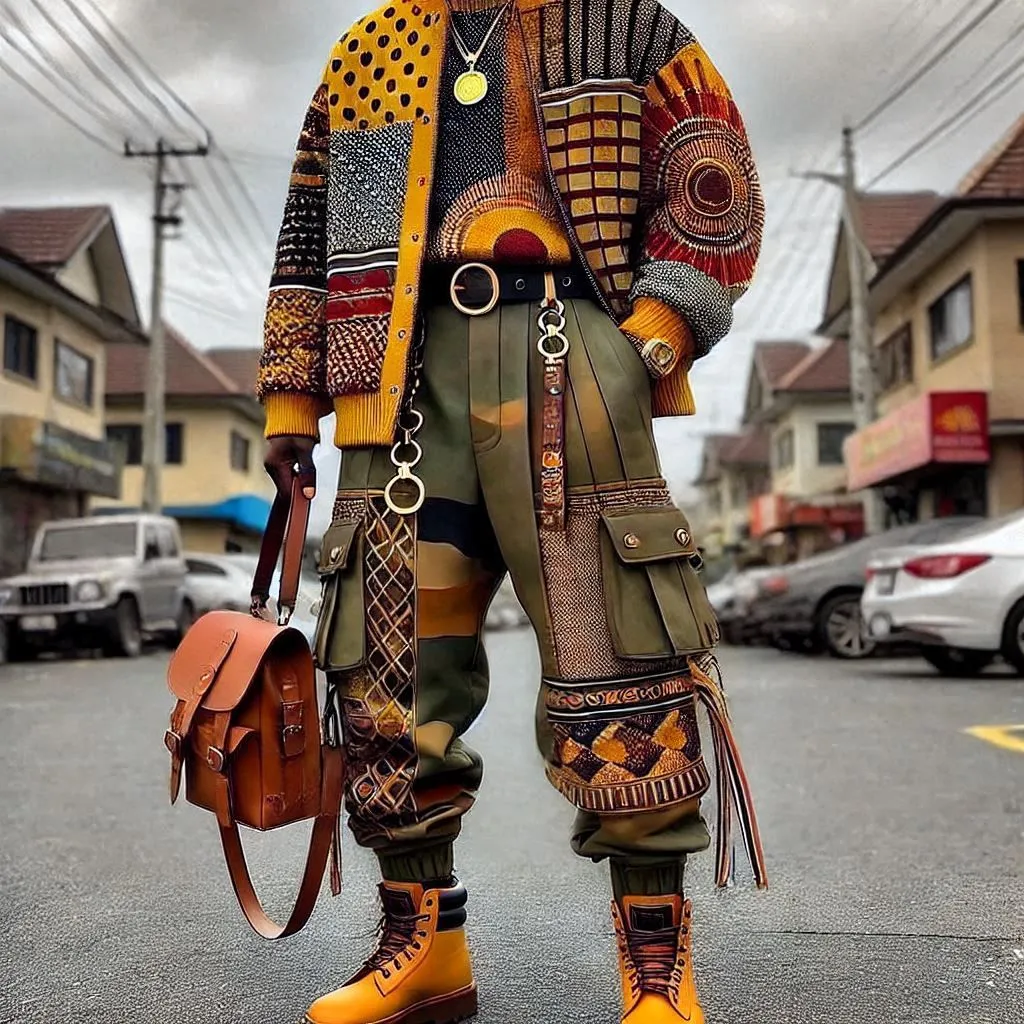Afropunk aesthetic — The combination of bold African textile prints, layered patterns, cargo pants, and combat boots is a near-perfect representation of the Afropunk visual signature.