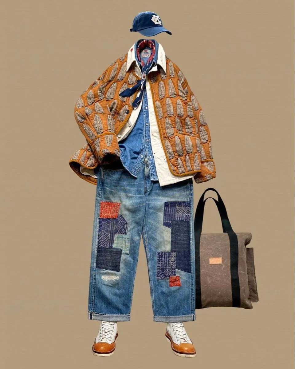 Amekaji aesthetic — Features patched denim jeans, a denim shirt, and a quilted jacket with a unique pattern, all hallmarks of Amekaji's dedication to detailed reproduction and vintage workwear inspiration.