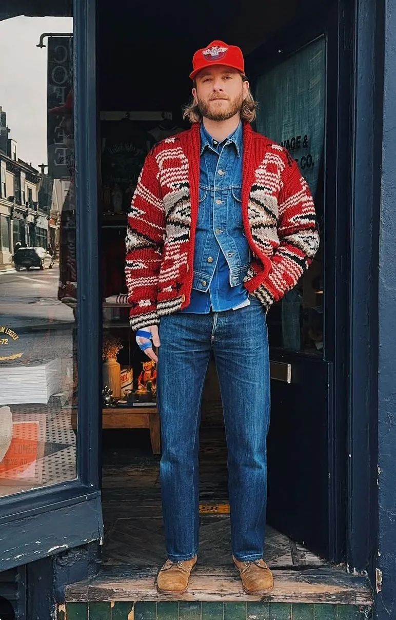 Americana aesthetic — The full denim-on-denim look, red patterned cardigan, and baseball cap perfectly capture the signature garments, palette, and aspirational country-store styling of Americana.