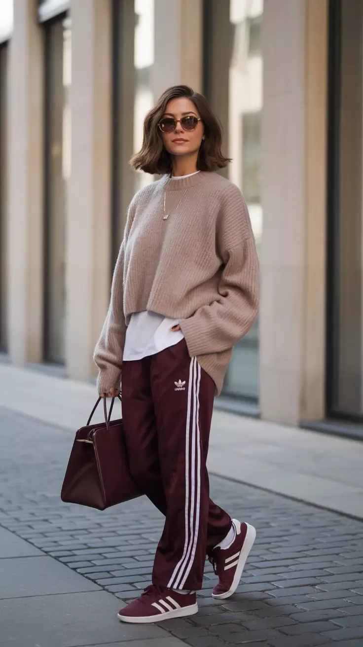 Athleisure aesthetic — Classic Adidas track pants paired with a cropped sweater and sneakers perfectly capture the modern athleisure look of sportswear as everyday fashion.