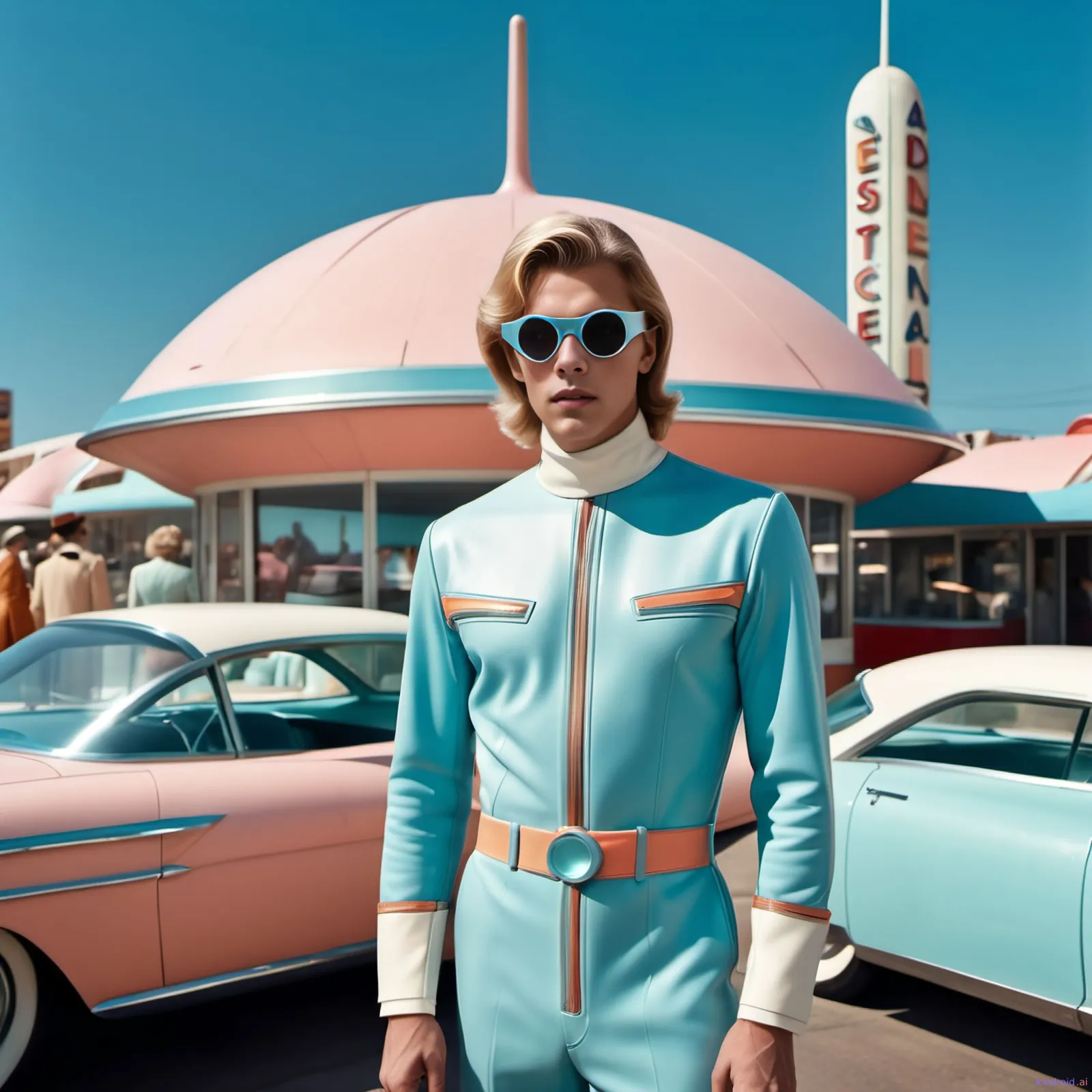 Atompunk aesthetic — The pastel color palette, Googie-style architecture in the background, vintage car, and the model's sleek, futuristic jumpsuit with contrasting trim and collar are perfect representations of Atompunk.