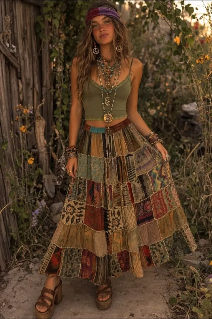 Bohemian aesthetic — Patchwork maxi skirt, layered statement jewelry, peace signs, and natural setting are direct visual cues for the Bohemian aesthetic.