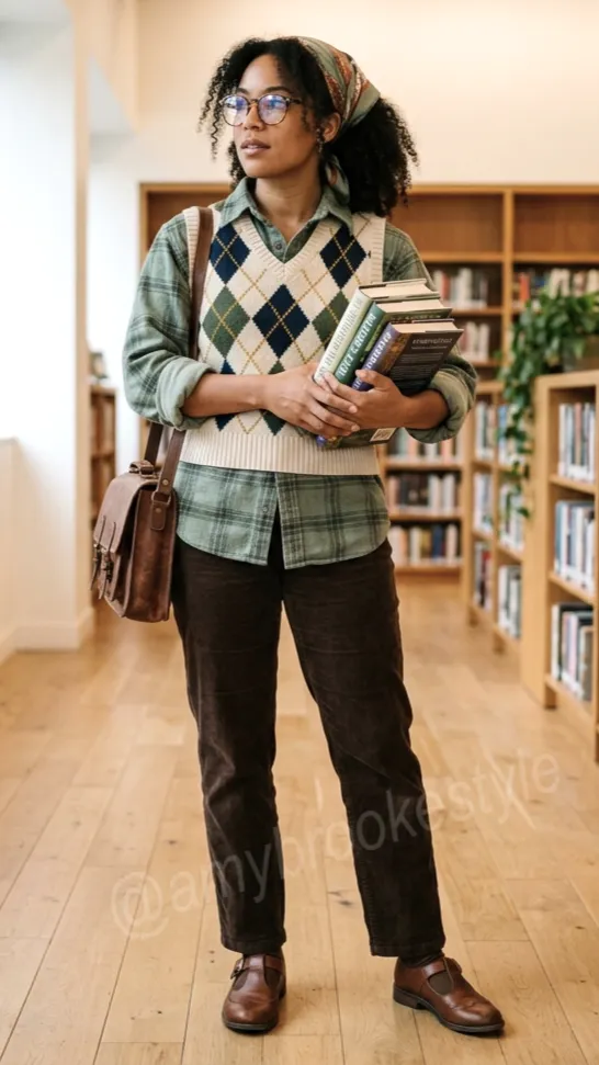 Bookcore (Librariancore) aesthetic — This image strongly embodies Bookcore with the oxford shirt, sweater vest, corduroy pants, satchel bag, glasses, and the library setting, hitting many signature garment and accessory notes.