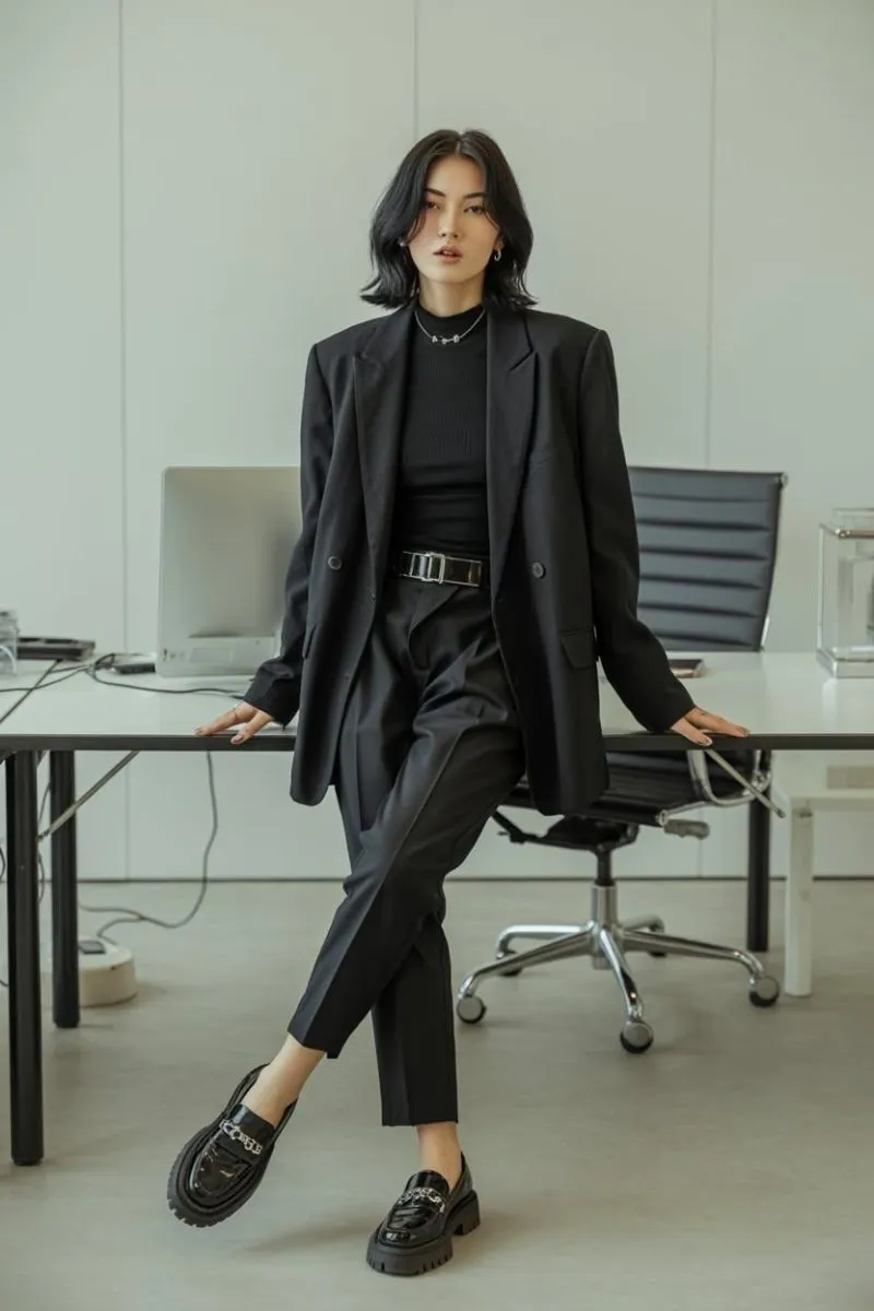 Corporate Goth aesthetic — This image perfectly captures the essence of Corporate Goth with its sharp black tailored blazer and trousers, fitted black turtleneck, and subtle silver necklace, embodying the office-compatible dark dresser.