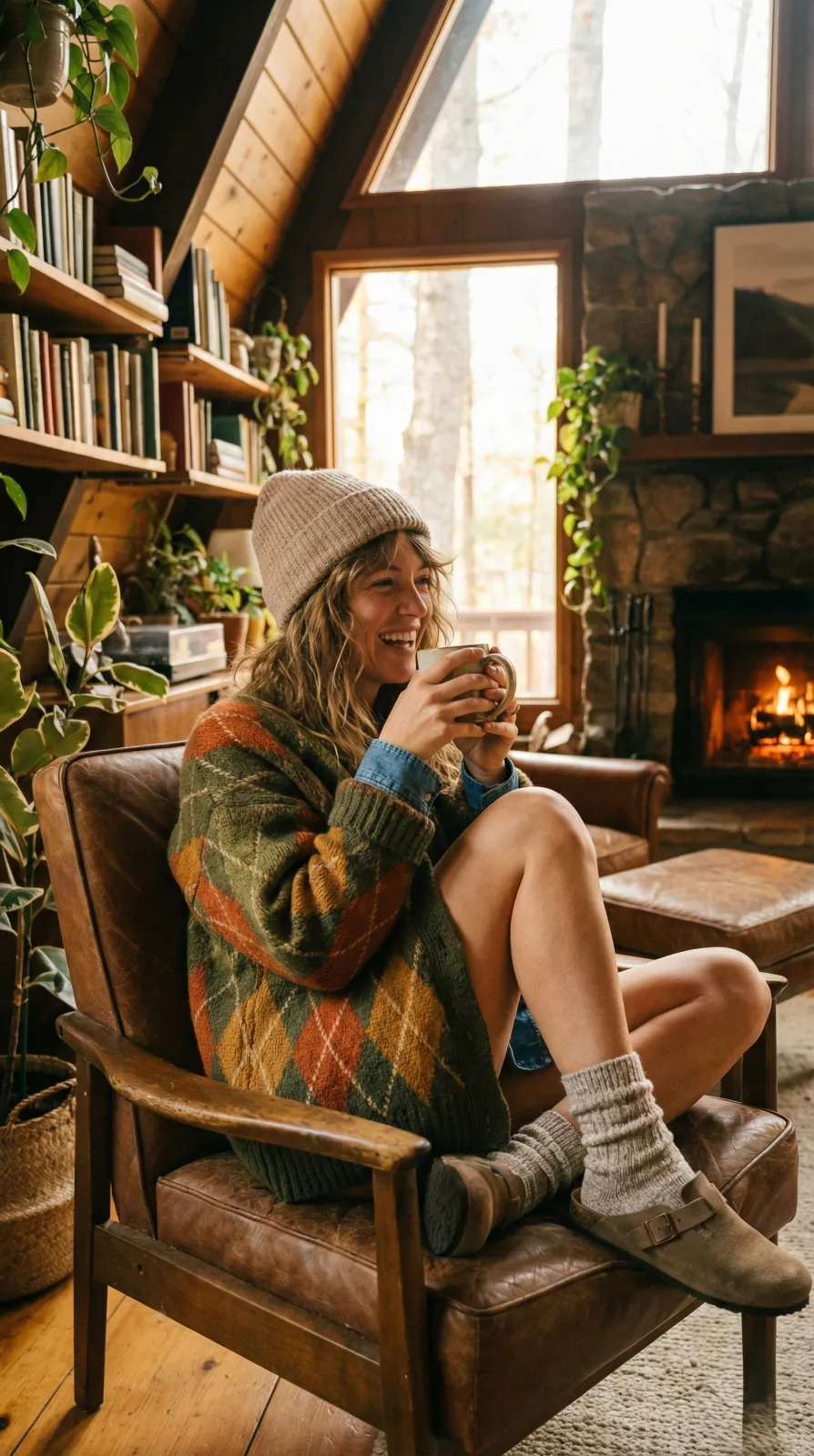 Cozycore aesthetic — This image perfectly encapsulates the Cozycore aesthetic with the oversized argyle cardigan, fluffy socks, mug, and warm, indoor setting.