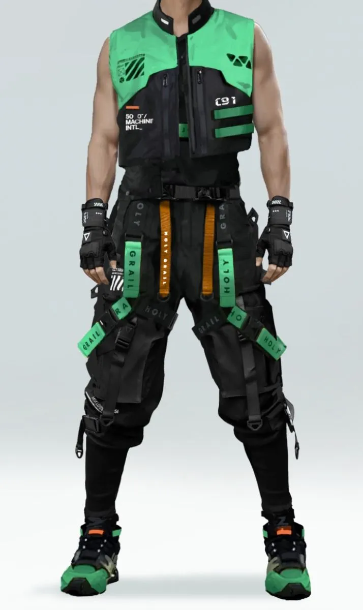 Cyberpunk aesthetic — The matte black technical fabrics, modular harness with neon green accents, and tactical gloves are a direct embodiment of the description's visual signature and palette.