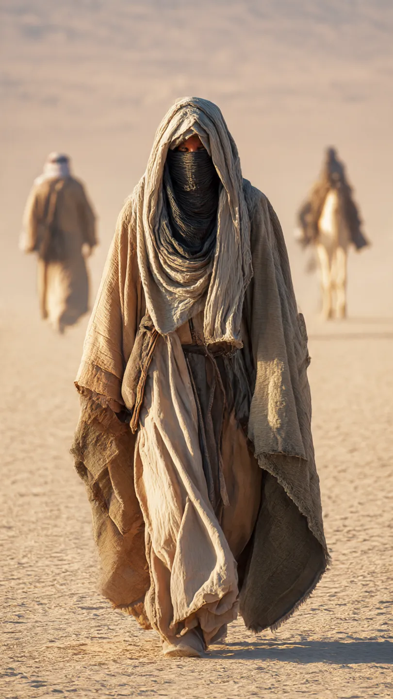 Desert aesthetic — The layered, flowing natural fabrics, head coverings, and desert setting perfectly embody the Sahara dressing reference and the overall arid-climate-coded aesthetic.