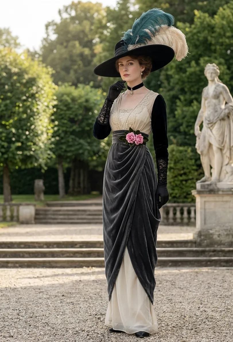 Edwardian aesthetic — The image perfectly captures the described elegance with a high-necked lace blouse, a draped silhouette, a large hat with feathers, and the overall garden party mood.
