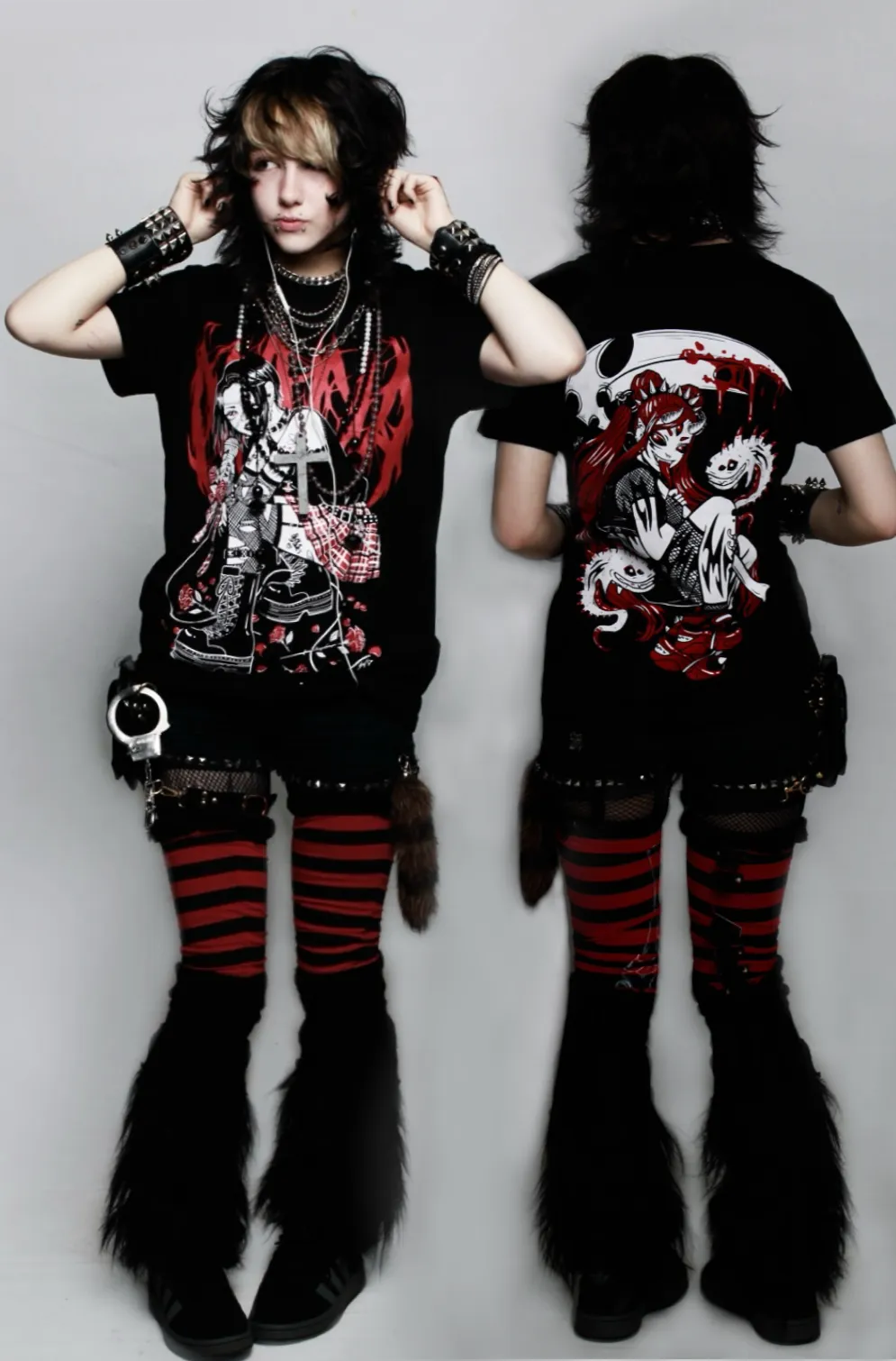 Emo aesthetic — The fitted band tees, striped socks, heavy eyeliner, and layered jewelry are strong visual cues for the mid-2000s Emo aesthetic.
