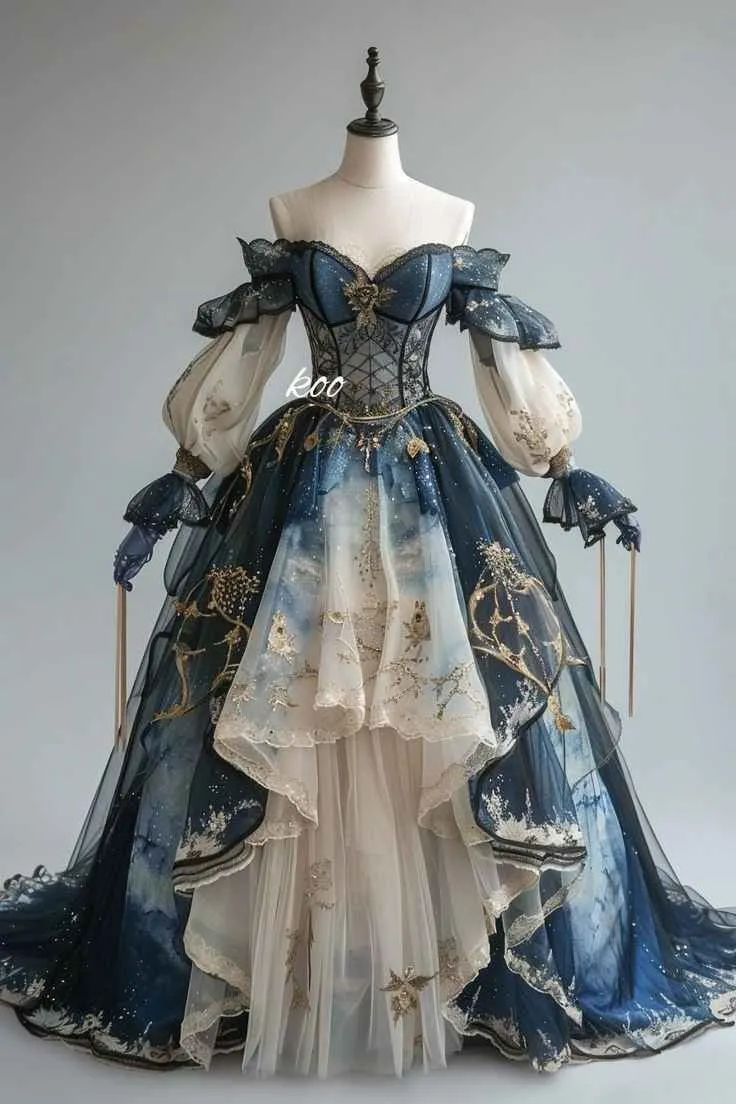Fairytale aesthetic — This image is a perfect representation with its detailed corseted bodice, layered tulle skirt, and celestial-inspired palette, aligning with the 'illustrated children's books' and 'Disney animation' references.