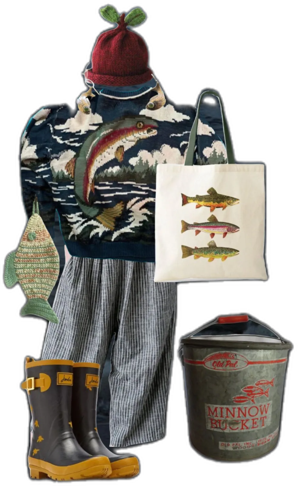 Fisherman Aesthetic aesthetic — The image directly incorporates signature garments like the fisherman's beanie, a knit sweater with a fishing motif, and rubber wellies, all within the described color palette and coastal mood.