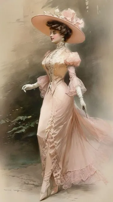 Gibson Girl aesthetic — This illustration is a quintessential Gibson Girl image, featuring the S-bend silhouette, leg-of-mutton sleeves, high collar, elaborate hairstyle, and period accessories like gloves and a hat.