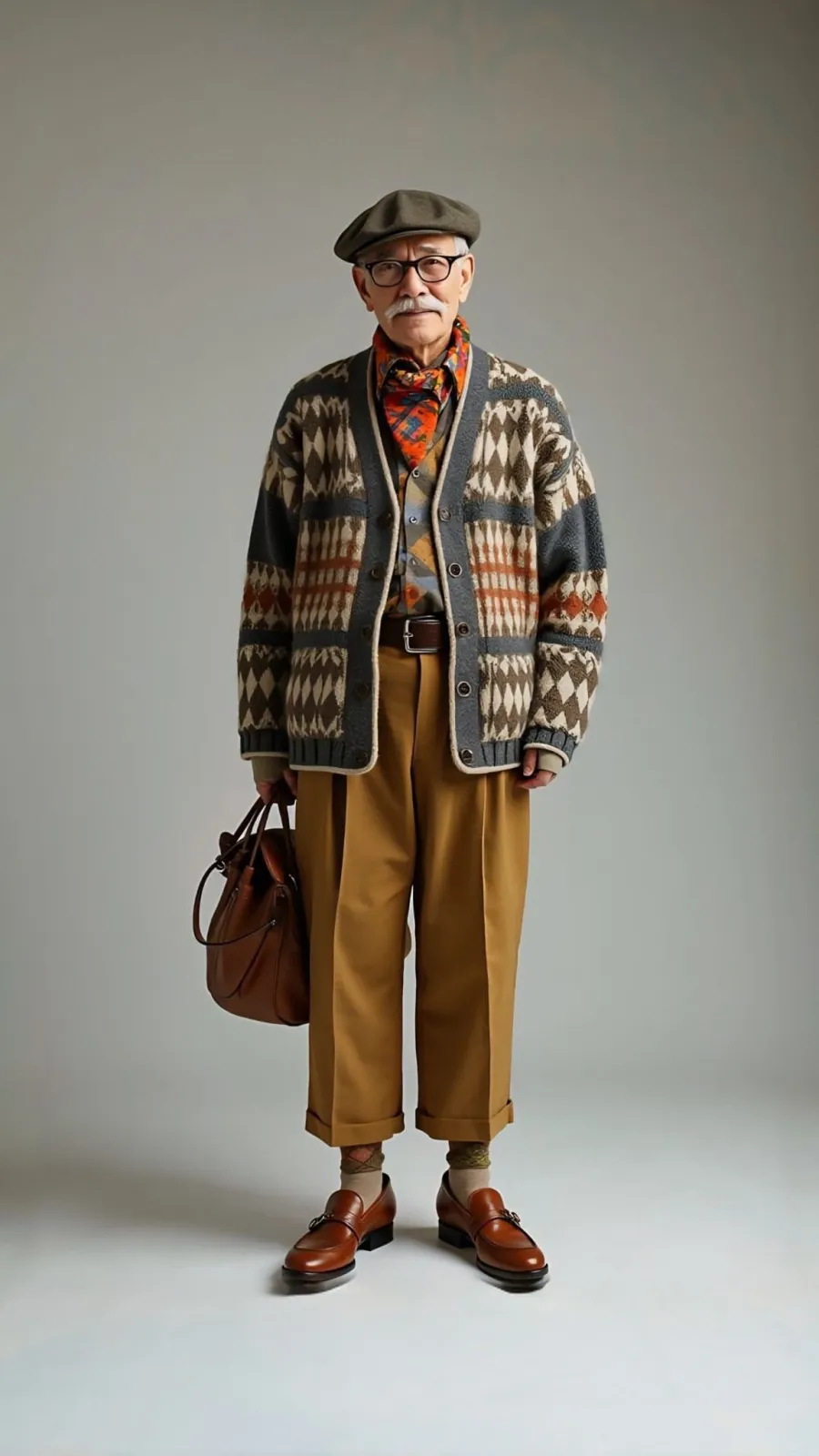 Grandpacore aesthetic — The model wears a Fair Isle cardigan, pleated trousers, loafers with thick socks, and a flat cap, hitting all key visual signatures and garments.