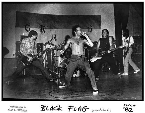Hardcore Punk aesthetic — This is a direct image of Black Flag in 1982, a foundational band for the described aesthetic, with the band members wearing typical attire.