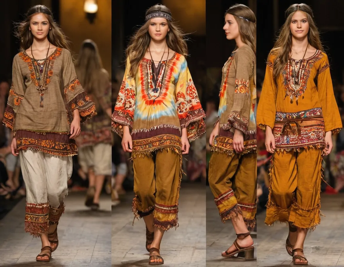 Hippie aesthetic — The multiple looks showcase signature garments like peasant blouses and tie-dye, along with ethnic prints and headbands, perfectly matching the description's core elements.