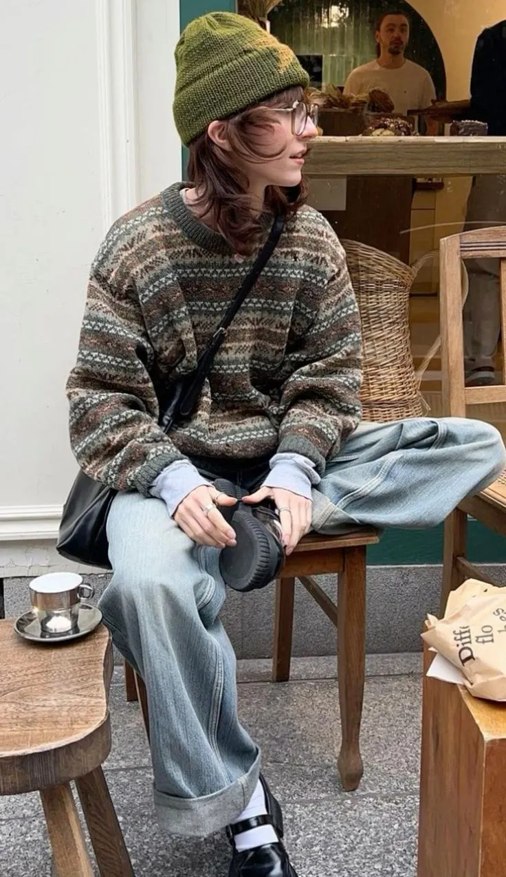 Hipster aesthetic — The slouchy beanie, oversized patterned sweater, and light-wash denim perfectly capture the 2010s Brooklyn/Portland vibe, with the coffee shop setting reinforcing the aesthetic.