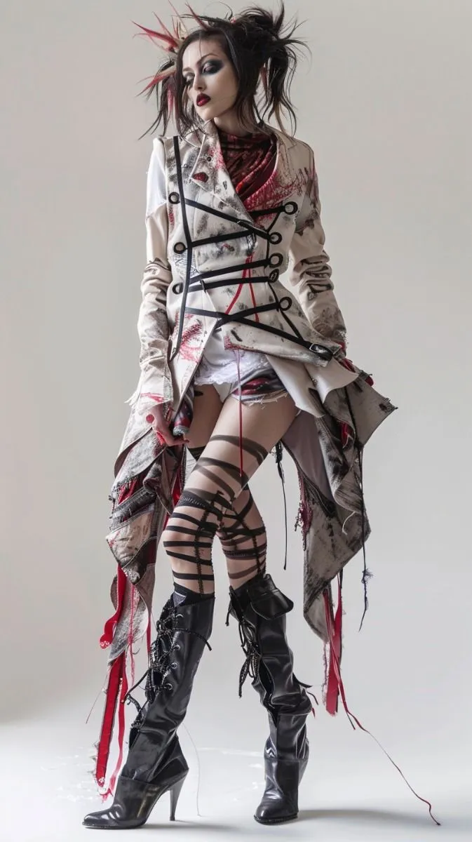 Horrorcore aesthetic — The blood-spatter print on the jacket, distressed fabrics, and dark, layered aesthetic strongly align with the visual language of Horrorcore, particularly its more avant-garde interpretations.