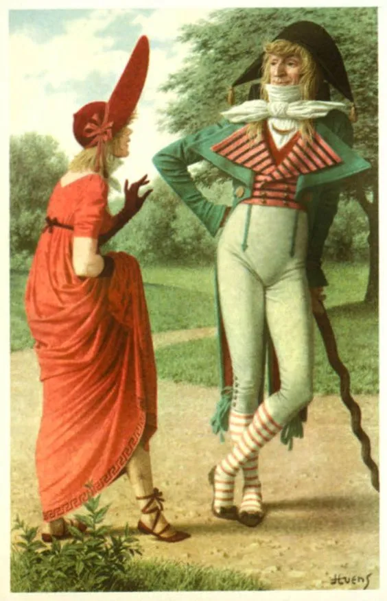 Incroyables and Merveilleuses aesthetic — Direct representation of the Merveilleuses with a sheer, high-waisted gown and Greek-revival sandals, and the Incroyable with exaggerated cravat and bicorne hat.