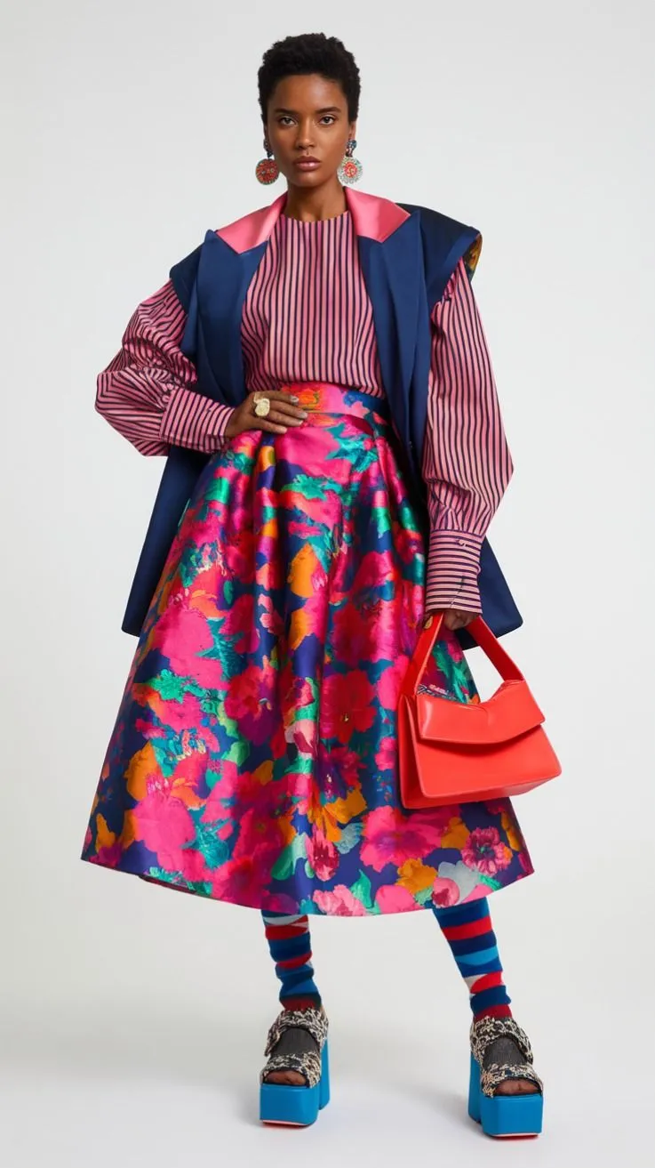 Maximalist aesthetic — This image perfectly embodies the description with clashing patterns (floral skirt, striped top), saturated jewel tones, voluminous silhouette, and statement accessories like the leopard-print shoes and bold jewelry, mirroring the contemporary blueprint of brands like Gucci.