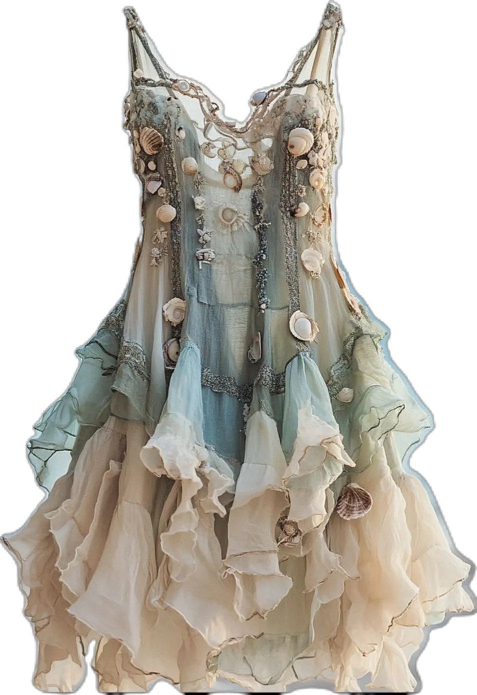 Mermaidcore aesthetic — This dress directly incorporates 'shell-strung necklaces' and 'pearl-trimmed everything' with its prominent shell embellishments and layered, ruffled chiffon in aquatic colors, perfectly matching the description's visual signature.