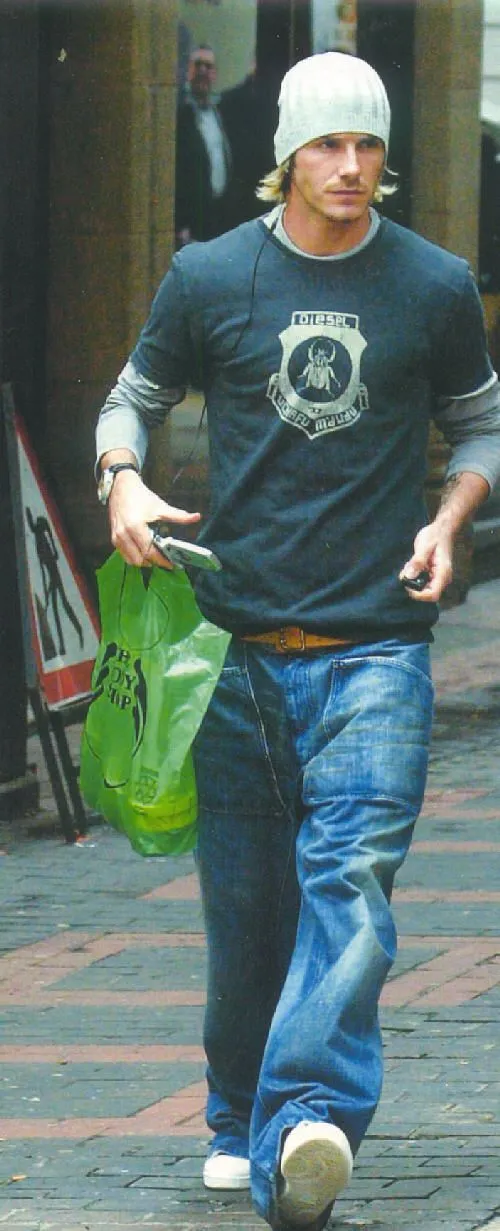 Metrosexual aesthetic — David Beckham in Diesel shirt and jeans, iconic early 2000s casual Metrosexual look.