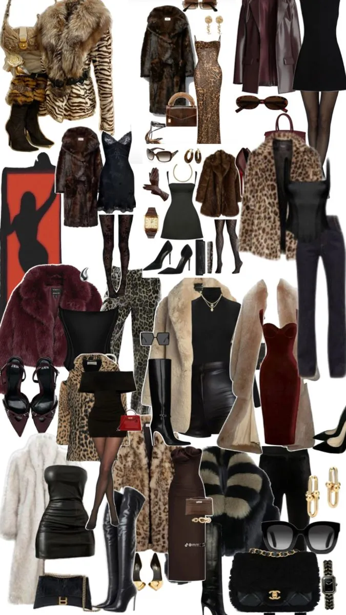 Mob Wife aesthetic — This collage directly showcases the key elements: faux fur, animal print, leather, gold chains, slip dresses, and signature makeup/manicures.