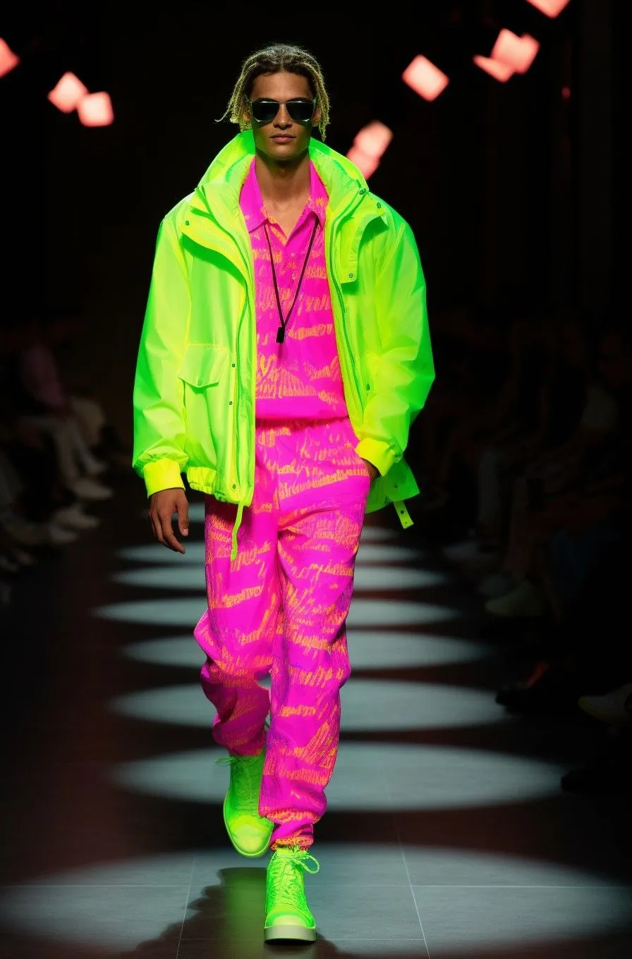 New Rave aesthetic — The image perfectly captures the 'New Rave' aesthetic with its high-contrast neon colors (lime green and hot pink), oversized graphic prints, and the overall maximalist, rave-inspired vibe. The inclusion of sunglasses and a pendant necklace further aligns with the described visual signature.