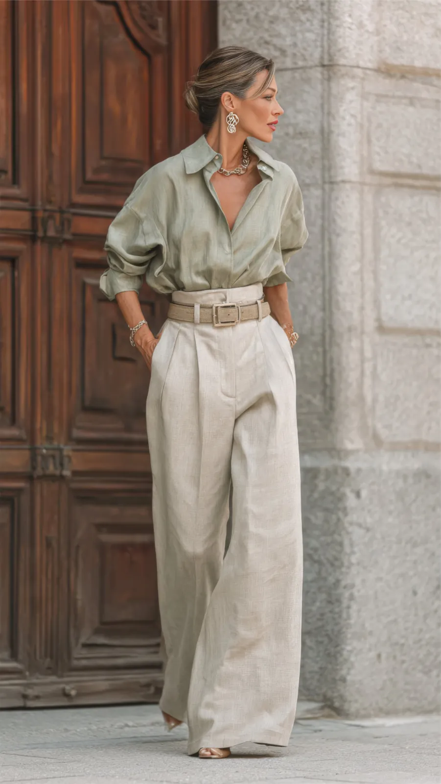 Olive Girl aesthetic — Sage green linen shirt and light beige linen trousers with a neutral belt perfectly capture the palette, fabric, and relaxed Mediterranean utility.