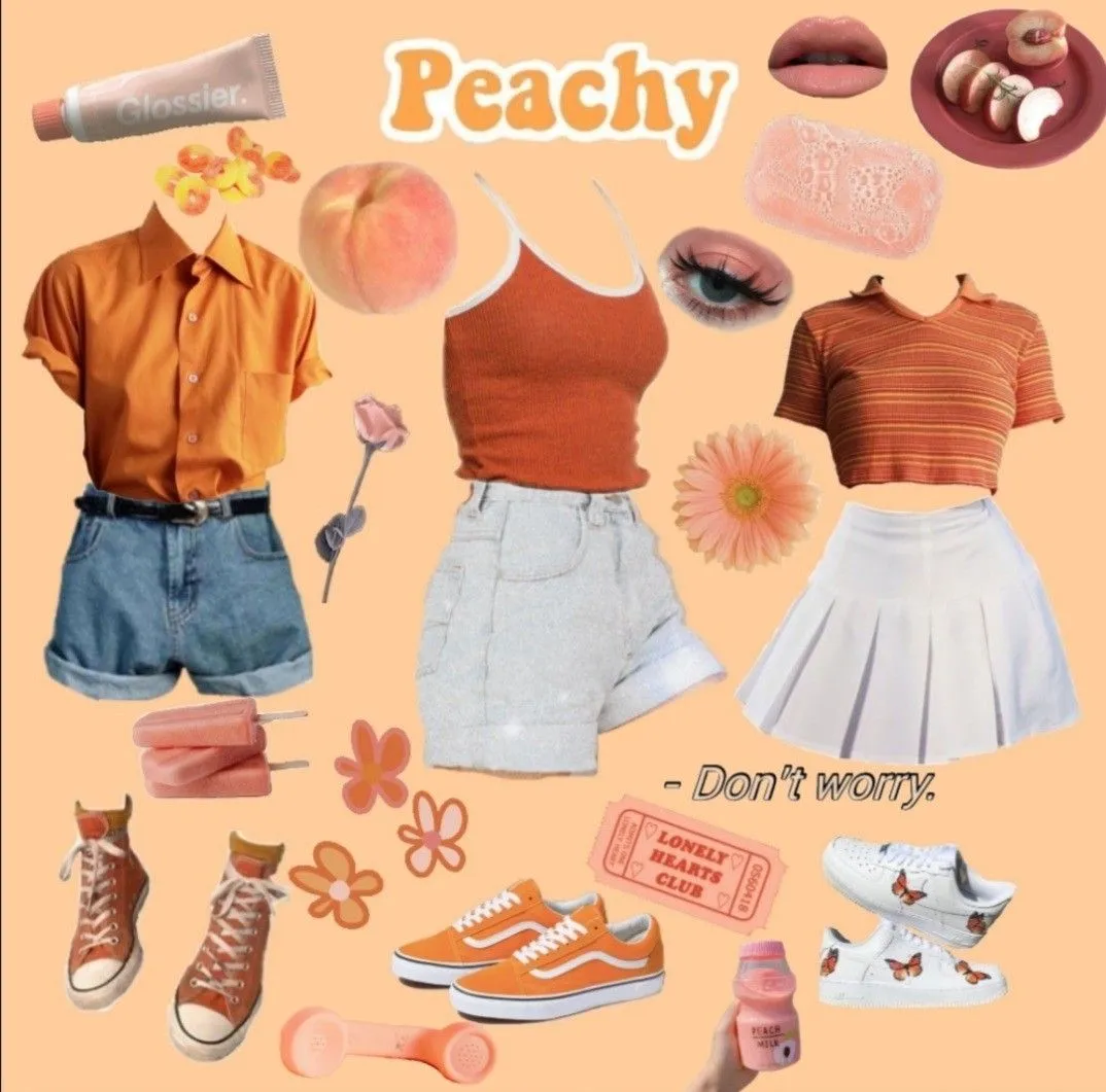Peach Girl aesthetic — This collage directly showcases the signature garments (cropped tops, mini skirt, graphic tee, slouchy jeans) and the peach/coral/warm pink palette, along with makeup cues like glossy lips.