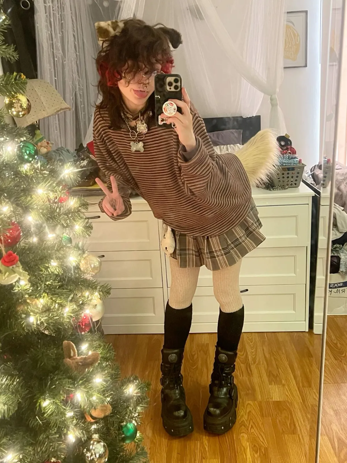 Puppygirl aesthetic — Excellent representation with kemonomimi ears, tail, collar choker with tag, plaid pleated skirt, thigh-highs, and platform boots.