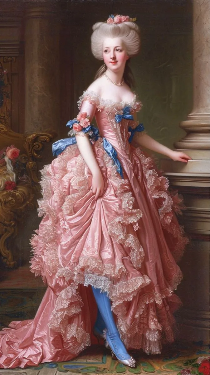 Rococo aesthetic — The image perfectly embodies the Rococo aesthetic with its wide, pannier-supported skirt in a pastel pink silk, adorned with lace and bows. The towering, powdered hairstyle, rouged cheeks, and the overall opulent yet delicate style align precisely with the description of mid-18th-century French court dress.
