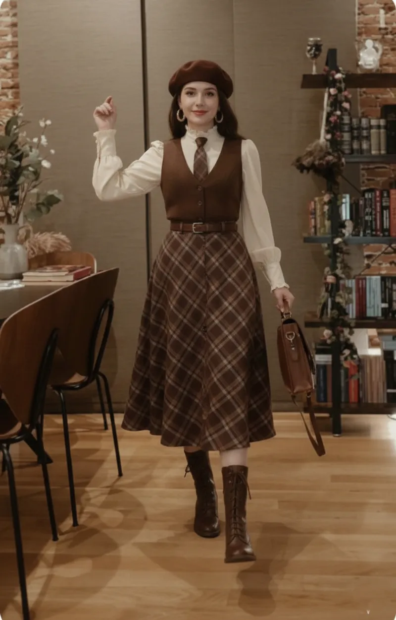 Romantic Academia aesthetic — The plaid midi skirt, ruffled blouse, tie, vest, and beret strongly align with the described academic and romantic literary references, with a color palette and silhouette that fits the 90s/early 2000s film adaptation inspiration.