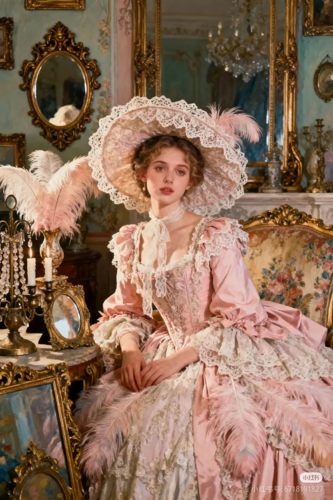 Royalcore aesthetic — This image is a perfect representation of Royalcore, featuring a Rococo-inspired gown, elaborate lace, feathers, and a regal setting, directly referencing Marie Antoinette and fairytale princess theatricality.